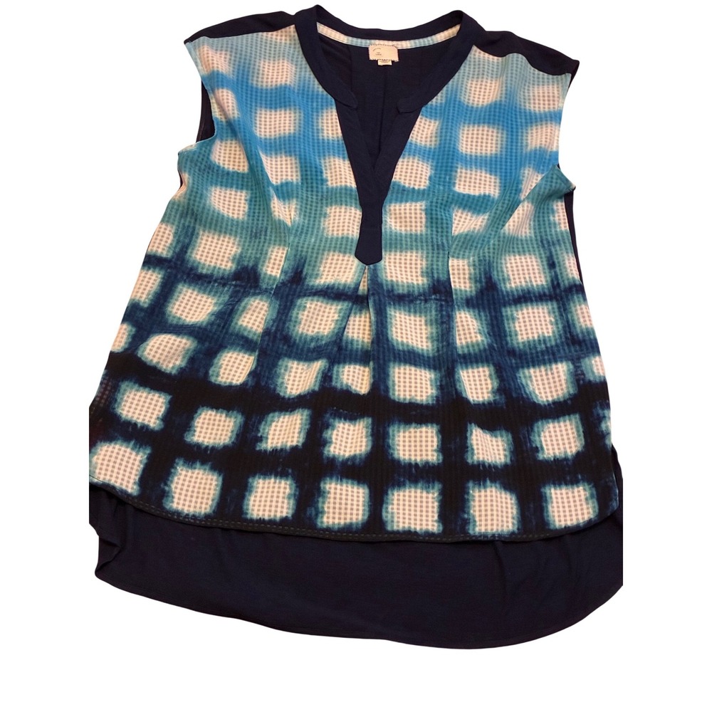 Vintage Anthropologie Postmark Blue Shibori Grid V-Neck Sleeveless Blouse Large
